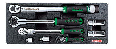 Набор трещоток 1/4", 3/8", 1/2", динамометрический ключ 3/8" 20-110 Нм, переходники и свечные головки, 8 предметов в ложементе (B) TOPTUL Набор трещоток 1/4", 3/8", 1/2", динамометрический ключ 3/8" 20-110 Нм, переходники и свечные головки, 8 предметов в ложементе (B) TOPTUL