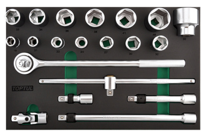 Набор головок и аксессуаров 3/4" 6-гранных 19-50 мм, 20 предметов в мягком ложементе (D) TOPTUL GVD2010 Набор головок и аксессуаров 3/4" 6-гранных 19-50 мм, 20 предметов в мягком ложементе (D) TOPTUL GVD2010